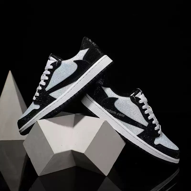 0089-AJ1 LOW Panda blanco y negro con diseño invertido y estrellas por todas partes