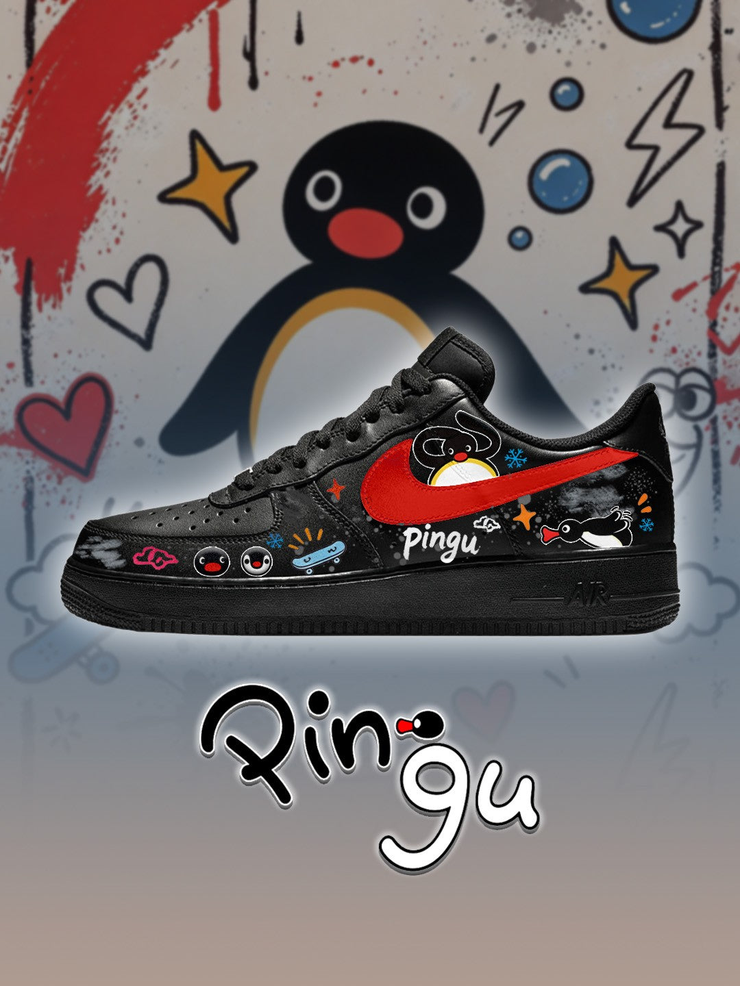 AF1 Black pingu graffiti street Custom Sneakers